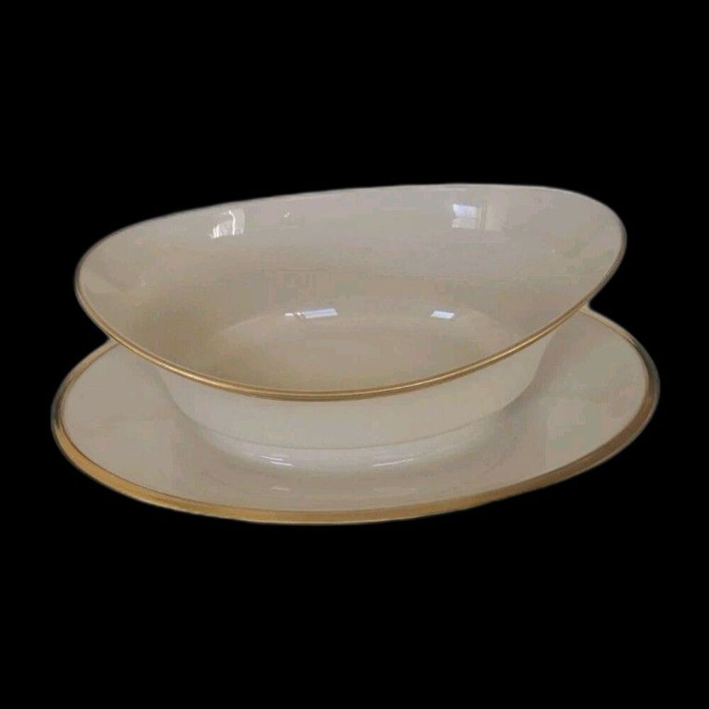 Lenox Bone China Eternal Wide Gold Trim Ivory Gravy Boat W/ Attached Plate USA